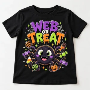 Front flat lay of Black Kids Web Or Treat tee with colorful cartoon spider holding eight pieces of candy