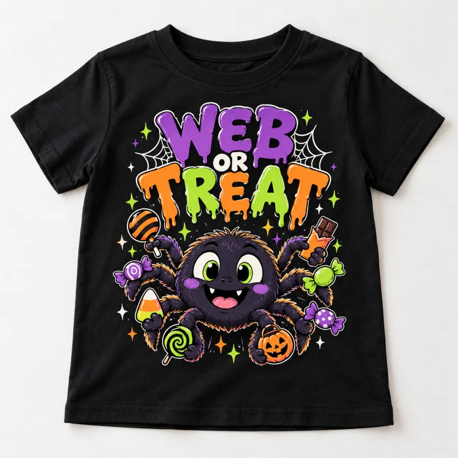 Front flat lay of Black Kids Web Or Treat tee with colorful cartoon spider holding eight pieces of candy