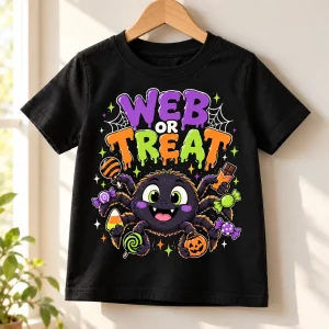 Black Kids Web Or Treat tee hanging on a wooden hanger with bright Halloween spider and candy artwork