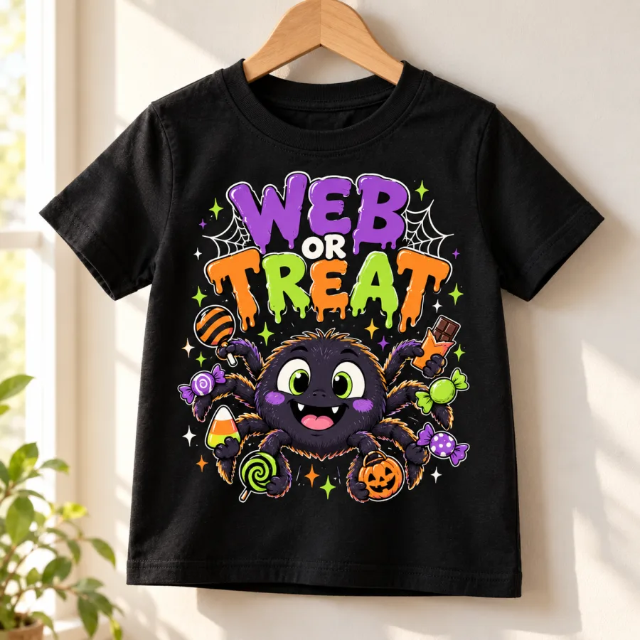 Black Kids Web Or Treat tee hanging on a wooden hanger with bright Halloween spider and candy artwork