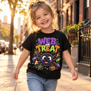 Lifestyle photo of child wearing Black Web Or Treat Halloween spider shirt outdoors with front artwork visible