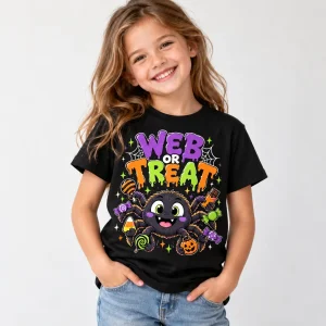 Child model wearing Black Kids Web Or Treat funny Halloween spider shirt with colorful front print
