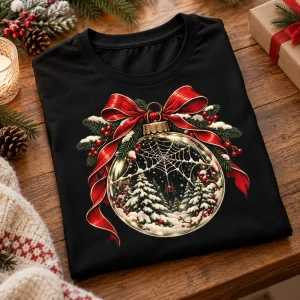 Folded black Web Ornament shirt showing the round ornament print