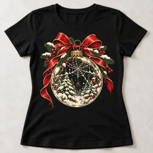 Front flat lay of black Web Ornament spider ornament shirt for women