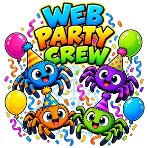 Front flat lay of navy Web Party Crew spider party shirt kids tee with colorful birthday spider print