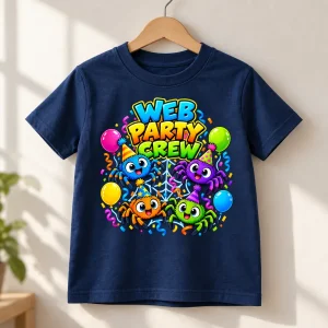 Navy Web Party Crew kids birthday tee displayed on a wooden hanger with colorful spider party artwork