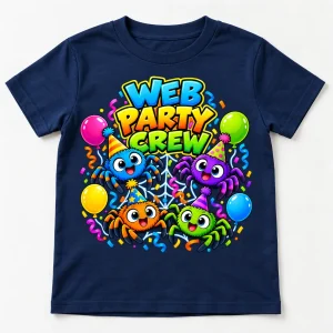 Child model wearing navy Web Party Crew spider party shirt kids tee with four colorful party spiders