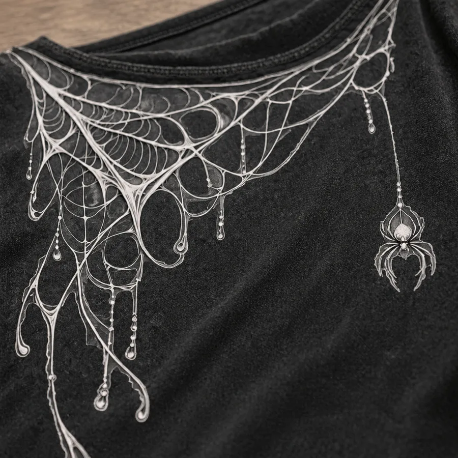 Close-up of fine web strands and tiny dangling spider near the neckline
