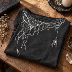 Folded charcoal Web Shoulder Drape tee with the web line art showing