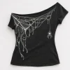 Front flat lay of charcoal Web Shoulder Drape off shoulder spider web shirt