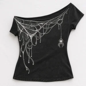 Front flat lay of charcoal Web Shoulder Drape off shoulder spider web shirt
