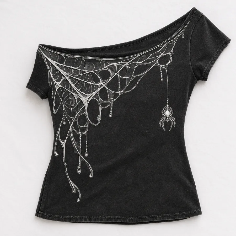 Front flat lay of charcoal Web Shoulder Drape off shoulder spider web shirt