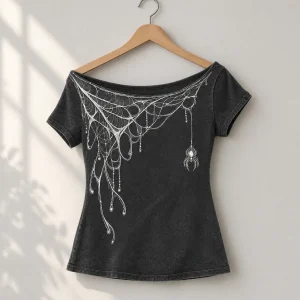 Charcoal Web Shoulder Drape off-shoulder tee on a velvet hanger