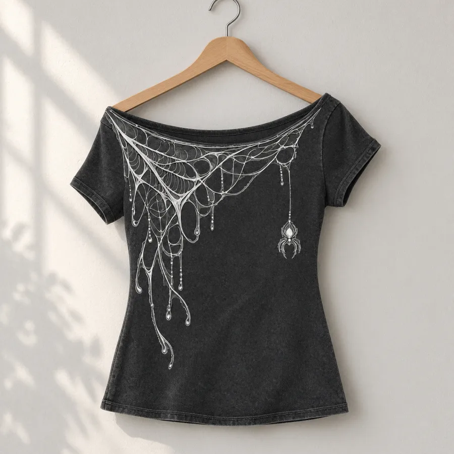 Charcoal Web Shoulder Drape off-shoulder tee on a velvet hanger