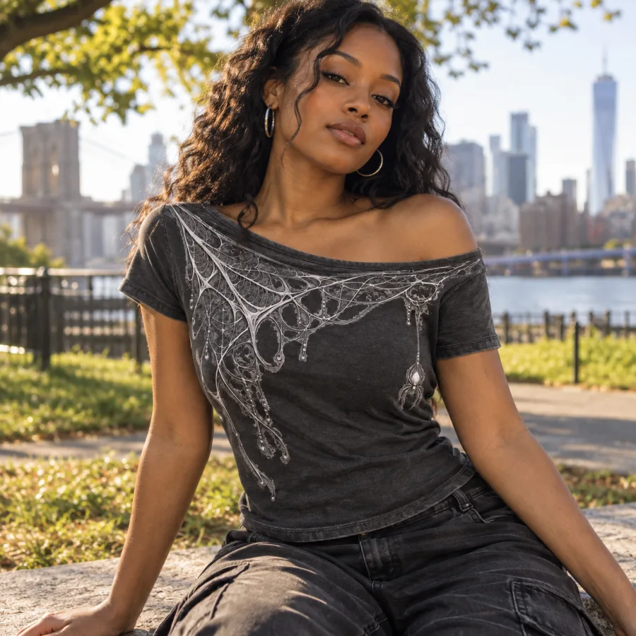 Woman in Web Shoulder Drape shirt at an evening rooftop concert