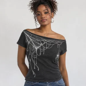 Woman wearing charcoal Web Shoulder Drape tee off one shoulder