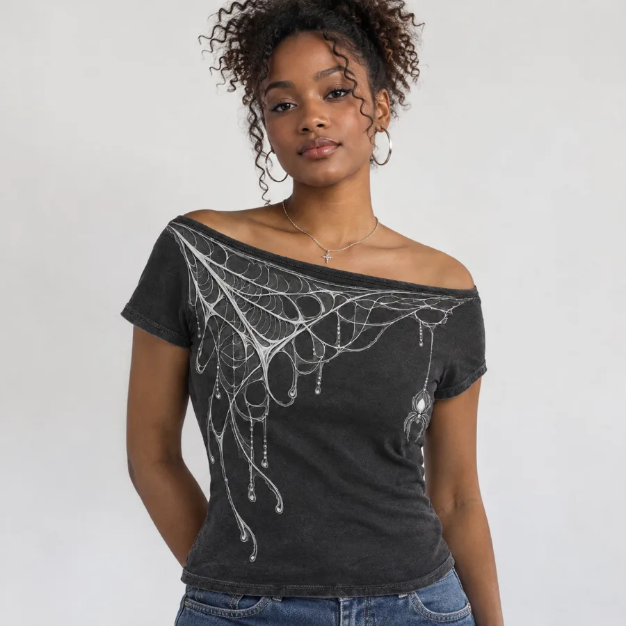 Woman wearing charcoal Web Shoulder Drape tee off one shoulder