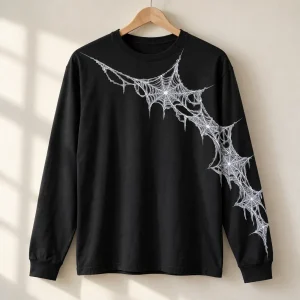 Folded black Web Sleeve Crawl spider web long sleeve shirt showing white interconnected web line art