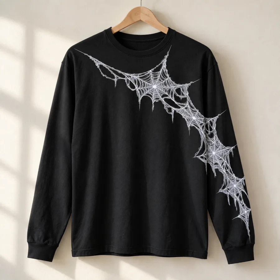 Folded black Web Sleeve Crawl spider web long sleeve shirt showing white interconnected web line art