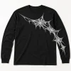 Front flat lay of black Web Sleeve Crawl spider web long sleeve shirt with white chest-to-sleeve web print