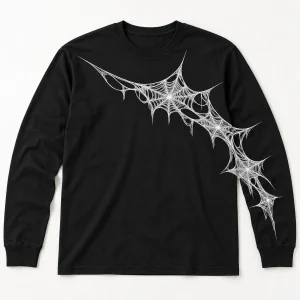 Front flat lay of black Web Sleeve Crawl spider web long sleeve shirt with white chest-to-sleeve web print