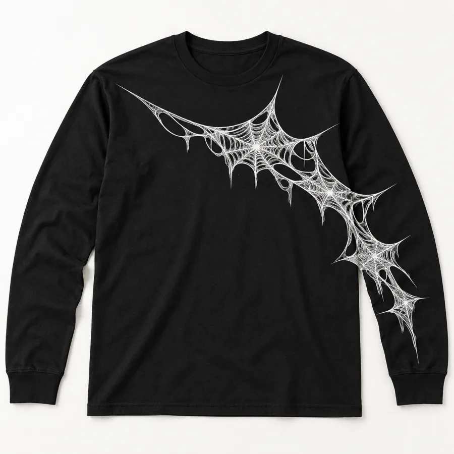 Front flat lay of black Web Sleeve Crawl spider web long sleeve shirt with white chest-to-sleeve web print