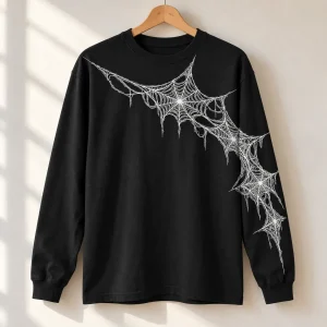 Black Web Sleeve Crawl long sleeve tee on wooden hanger showing white web print across chest and sleeve