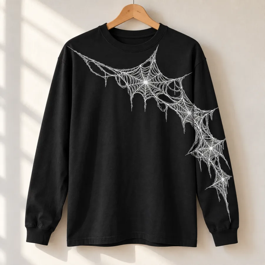 Black Web Sleeve Crawl long sleeve tee on wooden hanger showing white web print across chest and sleeve