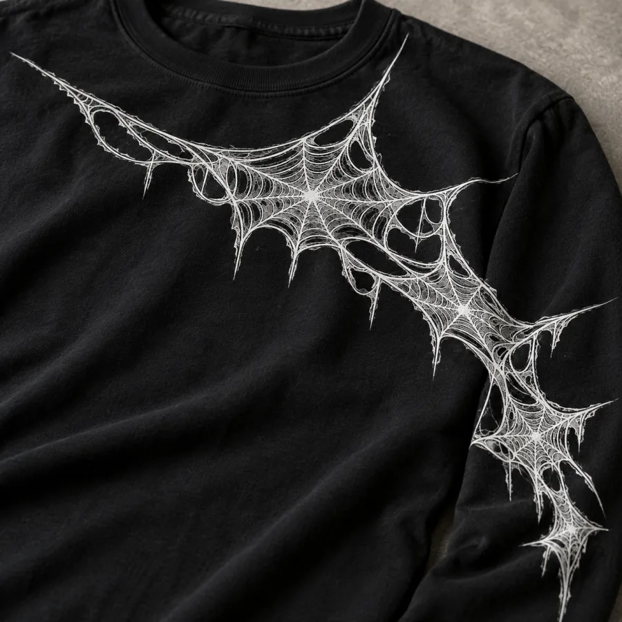 Lifestyle photo of model wearing black Web Sleeve Crawl spider web long sleeve shirt with white sleeve graphic