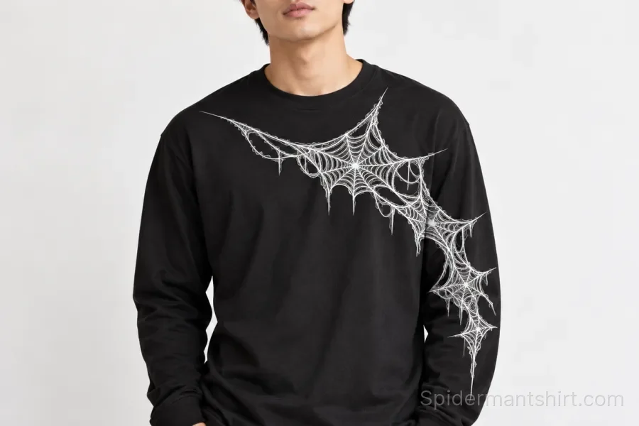 Model wearing black Web Sleeve Crawl spider web long sleeve shirt with asymmetrical white web artwork
