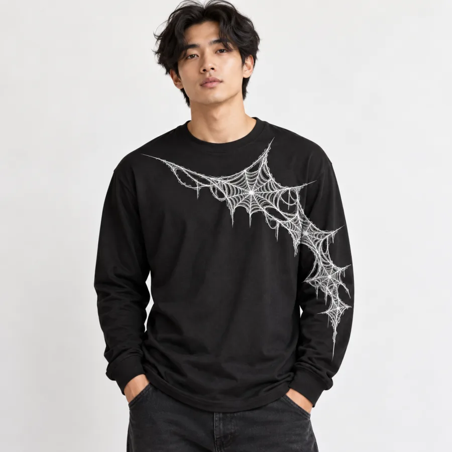 Model wearing black Web Sleeve Crawl spider web long sleeve shirt with asymmetrical white web artwork