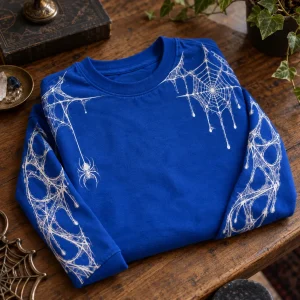 Folded cobalt blue Web Sleeve System long sleeve with the sleeve print showing