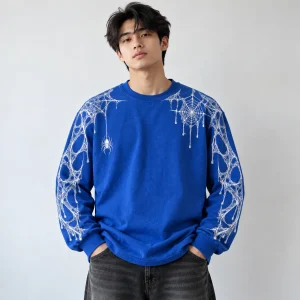 Model wearing cobalt blue Web Sleeve System tee with the sleeve web visible