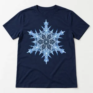 Front flat lay of navy Web Snowflake christmas spider web shirt with icy blue and white web snowflake print