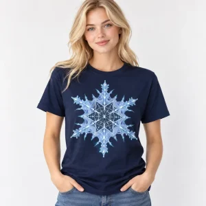 Blonde woman wearing navy Web Snowflake christmas spider web shirt in a light studio