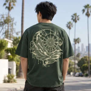 Back view of Web Topography tee showing web rings merging into contour lines