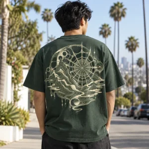 Folded dark green abstract spider web shirt