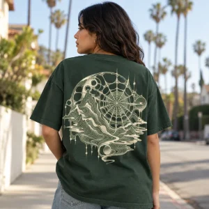 Hiker in Web Topography tee looking out over a mountain ridge