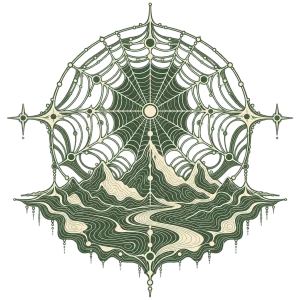 Model wearing dark green Web Topography abstract spider web shirt