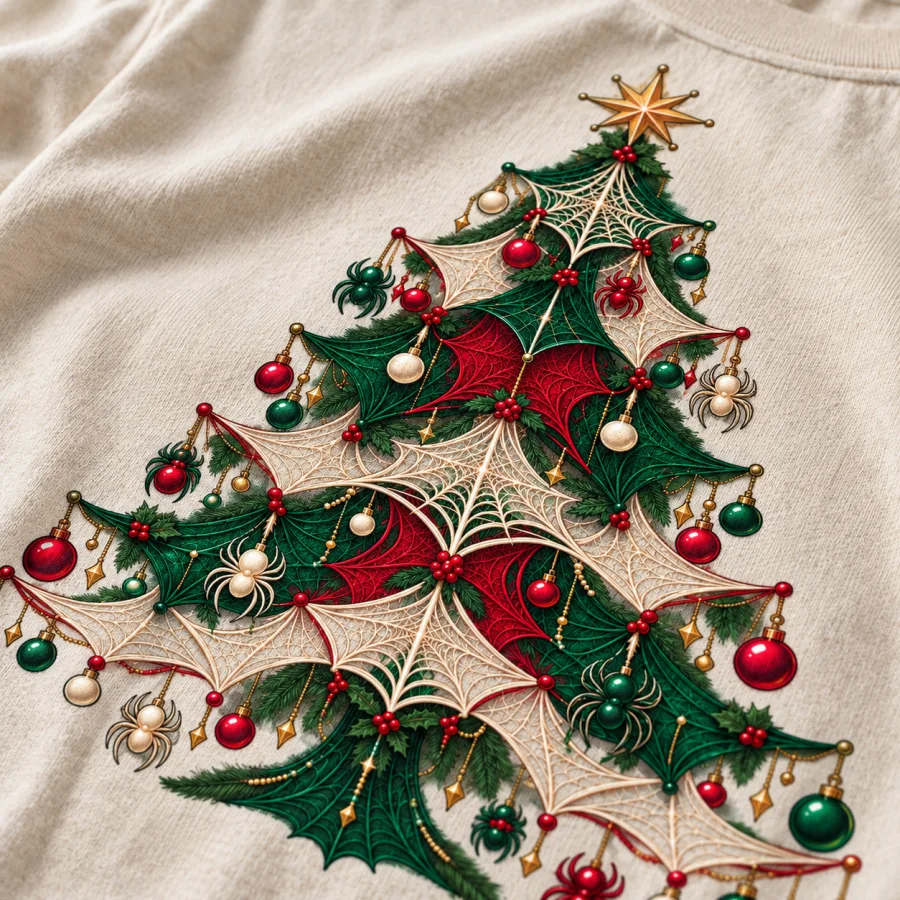 Close-up of stacked webs with hanging spider ornaments and star topper