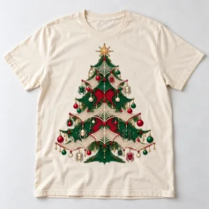 Front flat lay of natural Web Tree spider web Christmas tree shirt