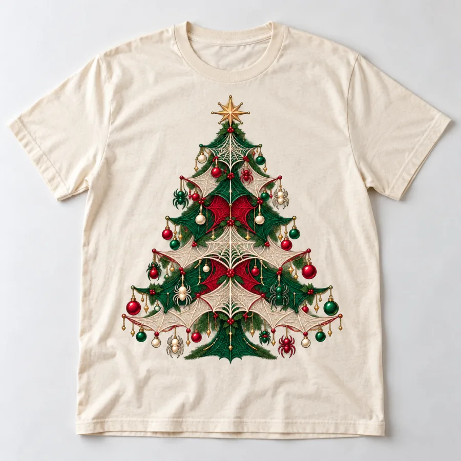 Front flat lay of natural Web Tree spider web Christmas tree shirt
