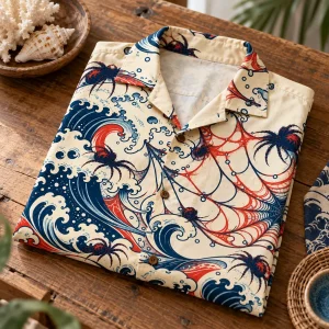 Folded natural spider wave Hawaiian shirt with camp collar