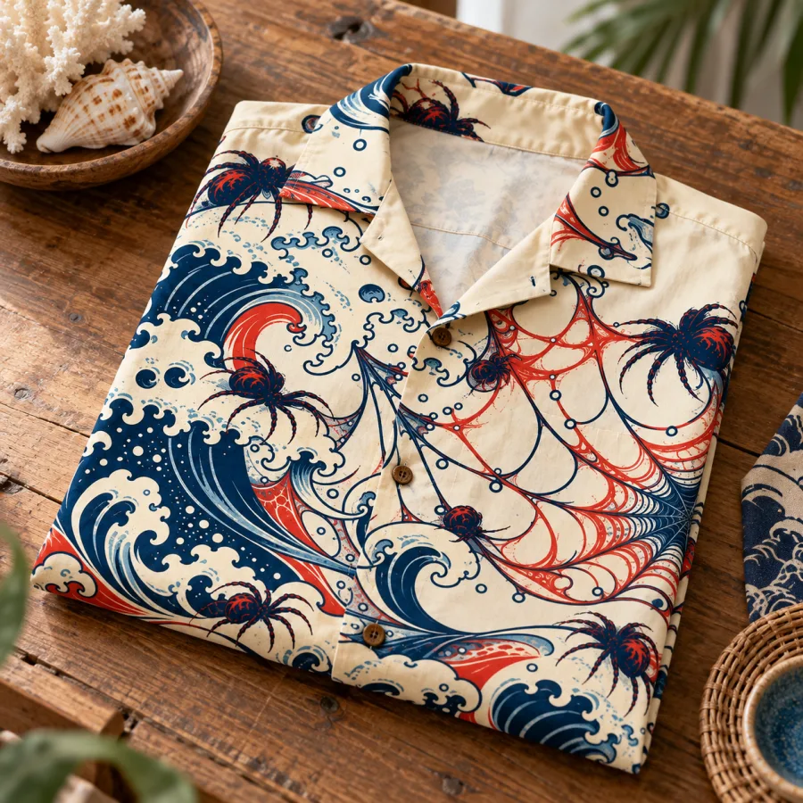 Folded natural spider wave Hawaiian shirt with camp collar