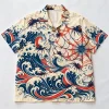 Front flat lay of natural Web Wave Aloha spider wave Hawaiian shirt