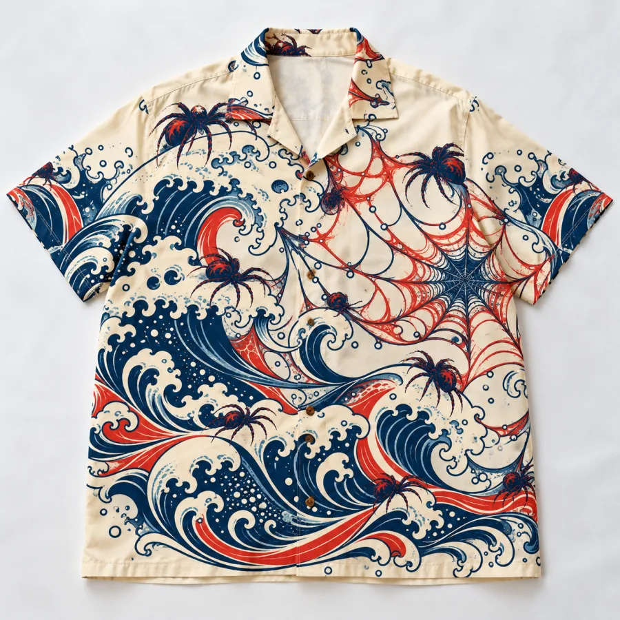 Front flat lay of natural Web Wave Aloha spider wave Hawaiian shirt
