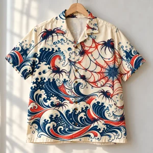 Web Wave Aloha shirt on a hanger showing the full wave pattern