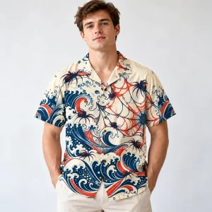 Model wearing Web Wave Aloha Hawaiian shirt open over a white tank