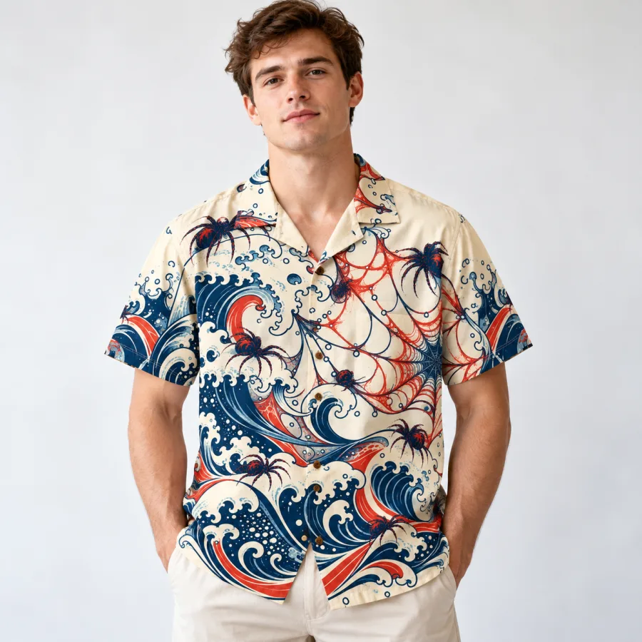 Model wearing Web Wave Aloha Hawaiian shirt open over a white tank