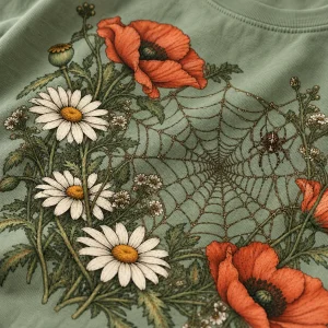 Close-up of hand-drawn web, rust poppies and tiny spider